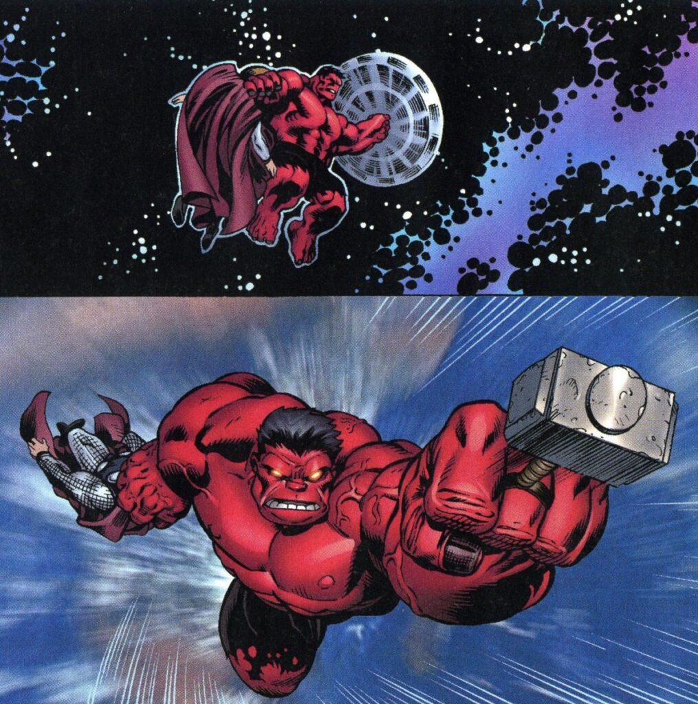 image of Red Hulk with Thor's Hammer for top 10 most powerful avengers post